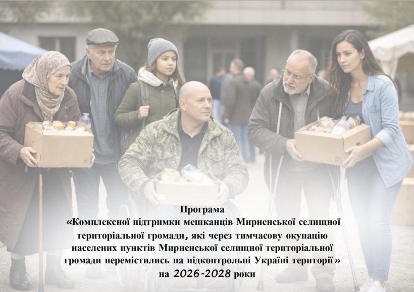 Оновлена програма «Комплексної підтримки мешканців Мирненської селищної ТГ, які через тимчасову окупацію населених пунктів Мирненської селищної ТГ перемістилися на підконтрольні Україні території» на 2026-2028 роки.