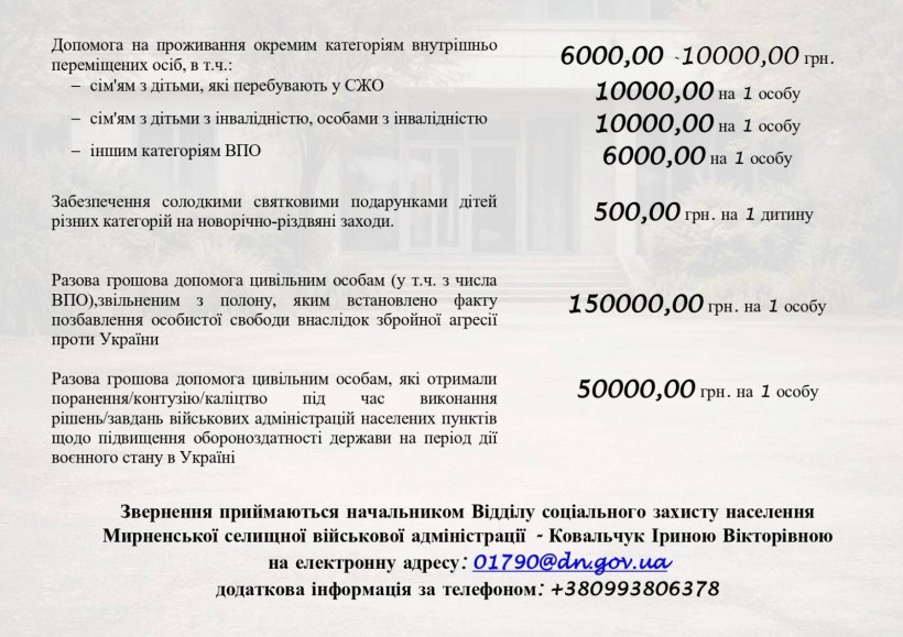 Оновлена програма «Комплексної підтримки мешканців Мирненської селищної ТГ, які через тимчасову окупацію населених пунктів Мирненської селищної ТГ перемістилися на підконтрольні Україні території» на 2026-2028 роки.