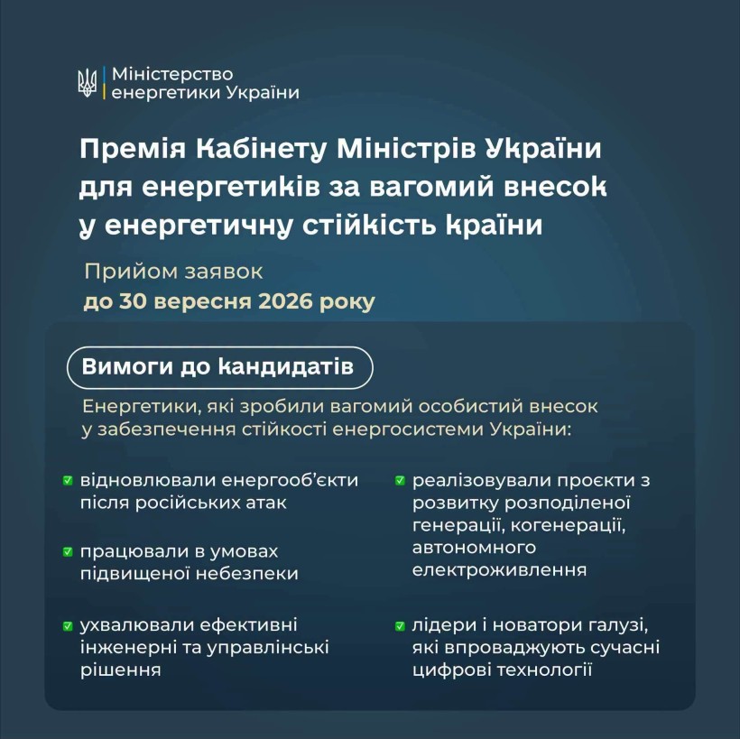 Триває прийом документів на присудження Премії за вагомий внесок у забезпечення енергетичної стійкості України