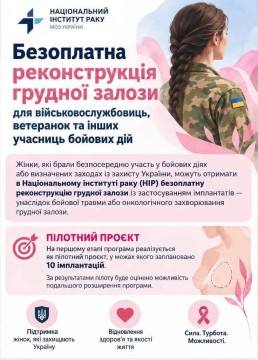 Безоплатна реконструкція грудної залози для військовослужбовиць, ветеранок та інших учасниць бойових дій у Національному інституті раку