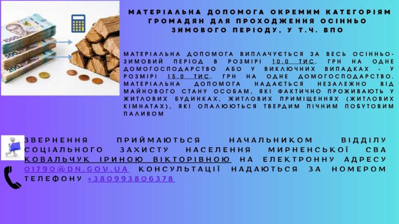 Матеріальна допомога окремим категоріям громадян для проходження осінньо/зимового періоду, у тому числі ВПО